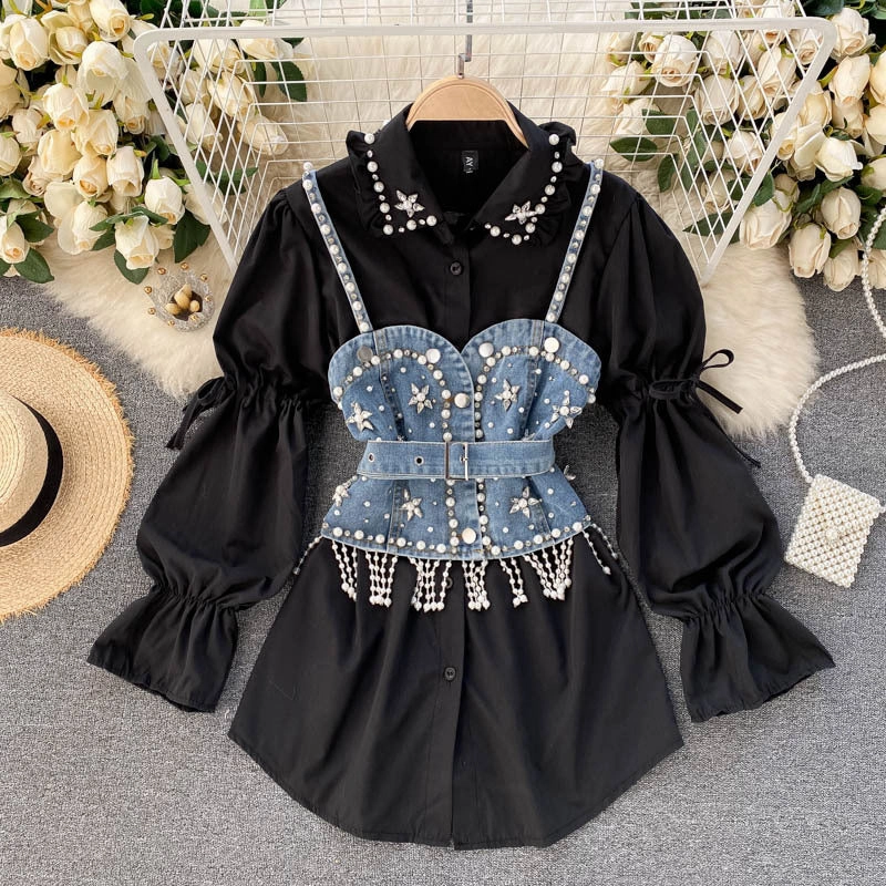 Sharp Friends Daily Vivid Diamond Beaded Puff Sleeve Shirt Top Tassel Pearl Sling Vest Two-piece Set