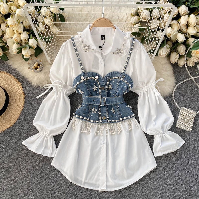 Bold Lightweight Diamond Beaded Puff Sleeve Shirt Top Tassel Pearl Sling Vest Two-piece Set