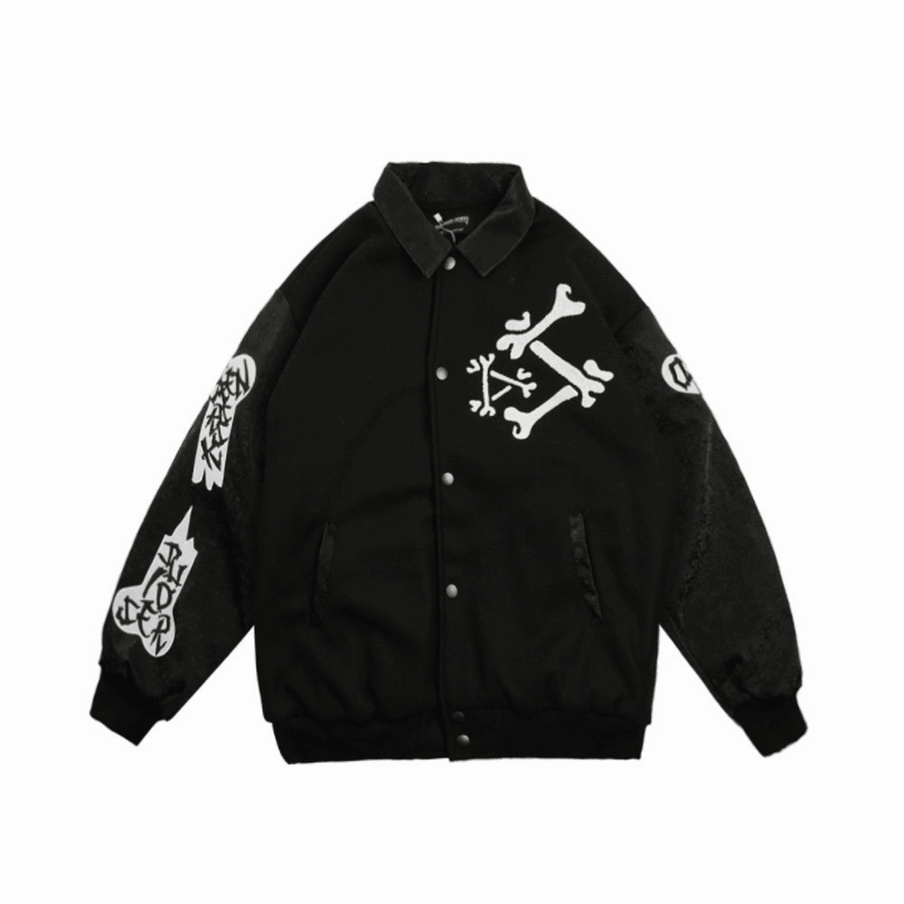 Skeleton Embroidery Jacket Coat Loose Lapel Stitching Baseball Uniform Powder Layer Ready