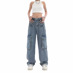 Multi Layer Knee Reinforcement Simple Attire Women's Hip-hop Multi Pocket Straight Jeans