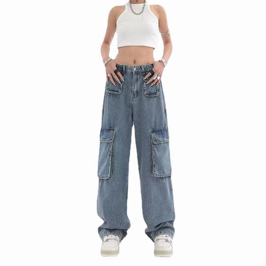 Clean Piece Women's Hip-hop Multi Pocket Straight Jeans