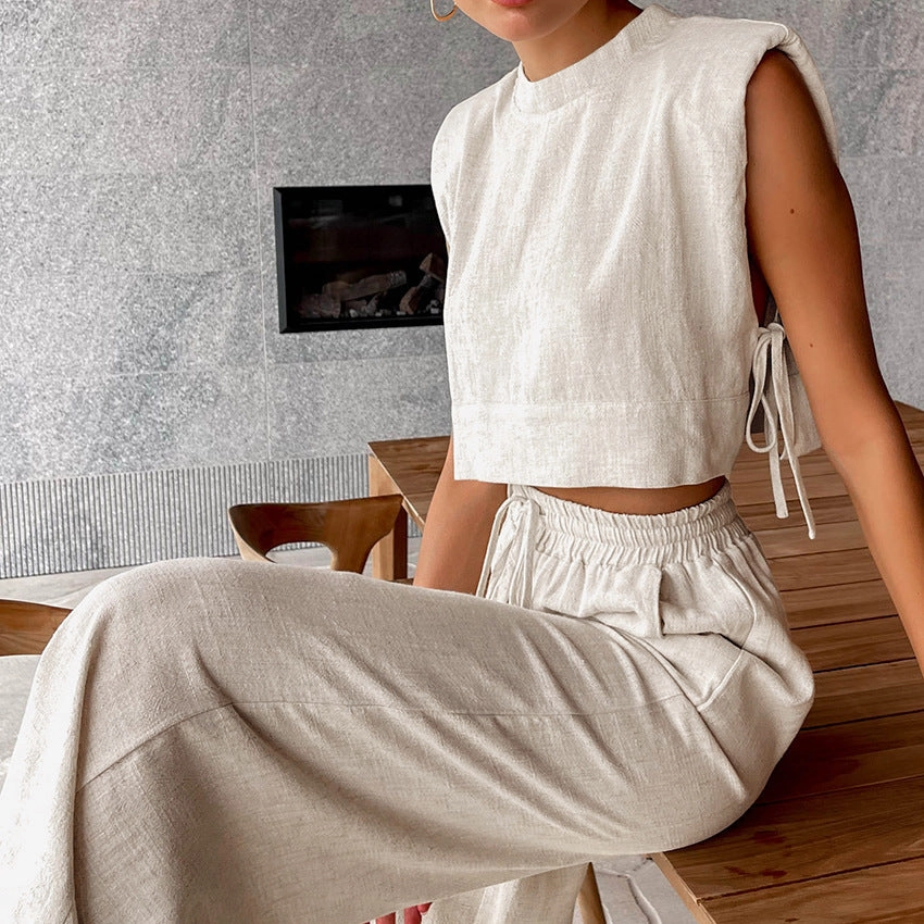 Sleeveless Top And Trousers Fashion Cotton And Linen Suit Women's Clothing Simple Trendy Elegant Sporty