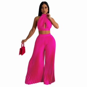Wedding Slim Women's Halter Silk-like Pleated Wide-leg Pants Two-piece Set