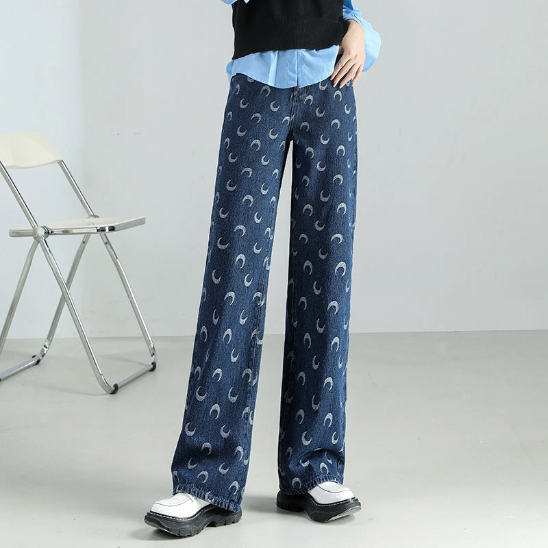 Wardrobe Choice Style Neutral Women's High-Waist Moon Print Baggy Jeans: Casual Vintage-Inspired Denim