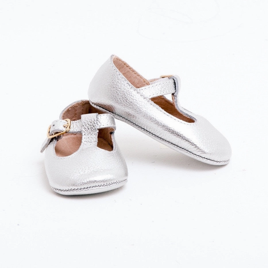 Toe Protection z Paris Leather Baby T-Bar Shoes in Silver