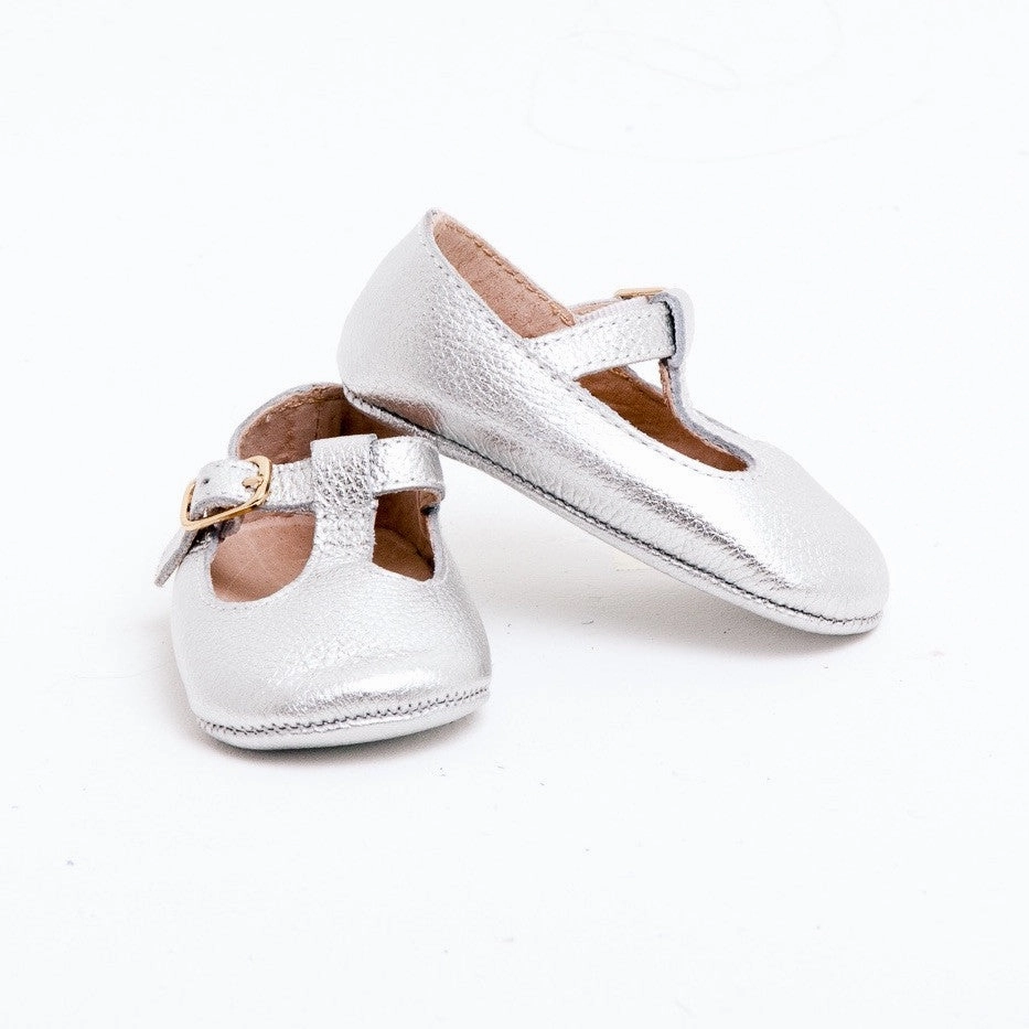 z Paris Leather Baby T-Bar Shoes in Silver Seamless lining
