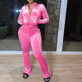 Yoga Weekend Solid Color Golden Edge Velvet Leisure Sports Sweater Wide Leg Pants Two-piece Set