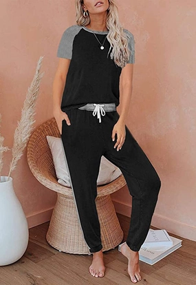 Solid Color Stitching Fashion Round Neck Short Sleeves Casual Suit Night Worker Vivid Fresh