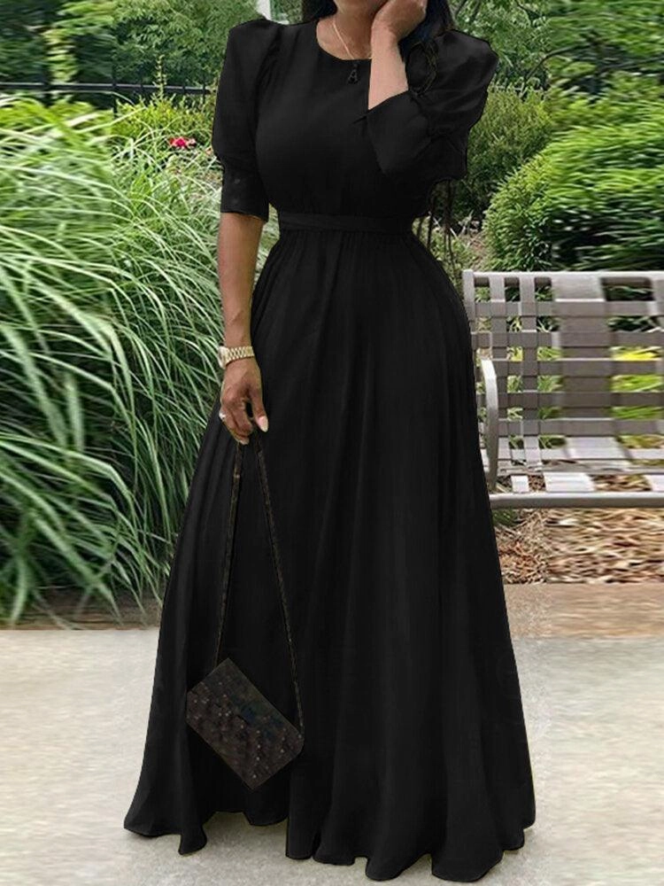 Solid Puff Sleeve Button Cuffs Ankle Length Retro Midi Dresses Day Off Style