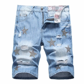 Unisex West Louis? Crystal Patch Star & Holes Jeans Short