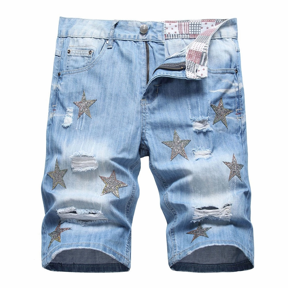West Louis? Crystal Patch Star & Holes Jeans Short Style Choice