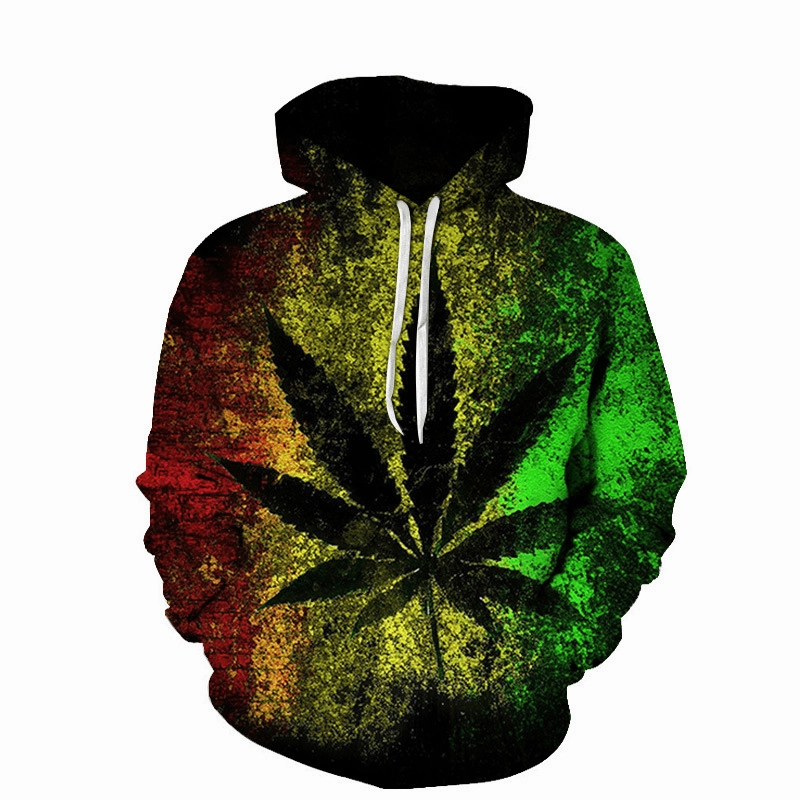 European and American Fashion Spring and Autumn Models of Green Hemp Leaf 3D Digital Printing Lovers Hoodie Trendy Sweater Baseball Uniform Fashionable Layer product quilted lining comfort