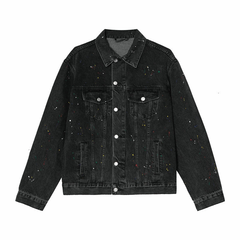 Multi Pocket Style Spray Paint Jacket Men and Women Trend Couple Denim Jacket Retro Denim Jacket