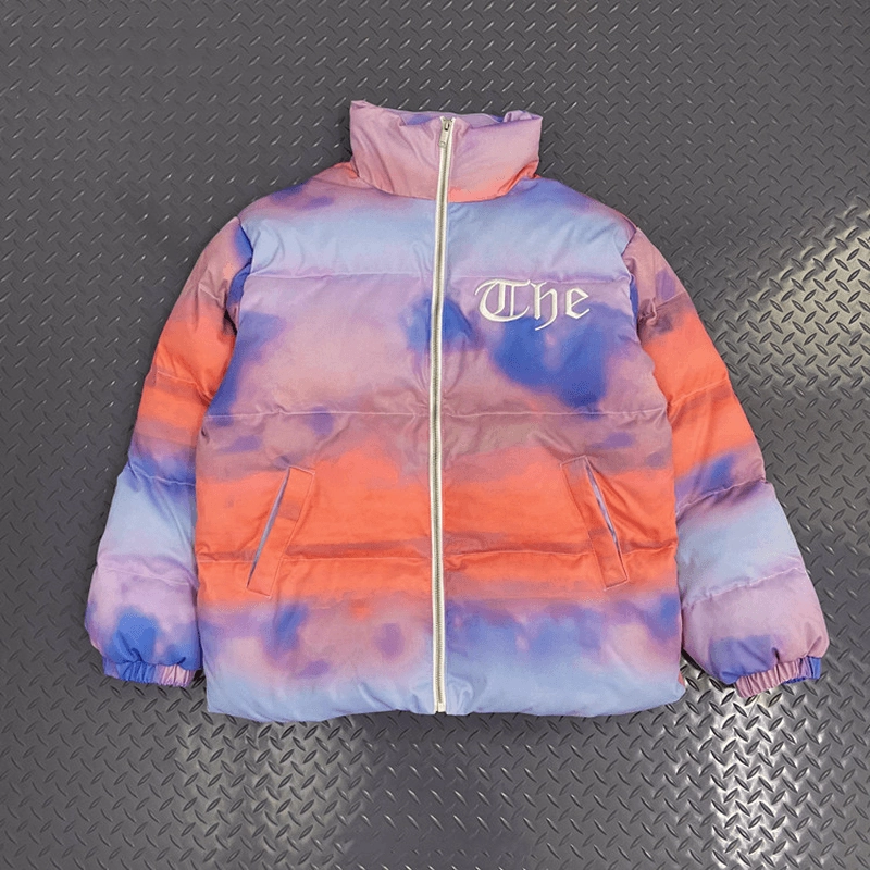 Criticism suitable for trade shows Hand-Filled Cotton Jacket with Printed Gradient Blue Sky and White Cloud Frame Colla