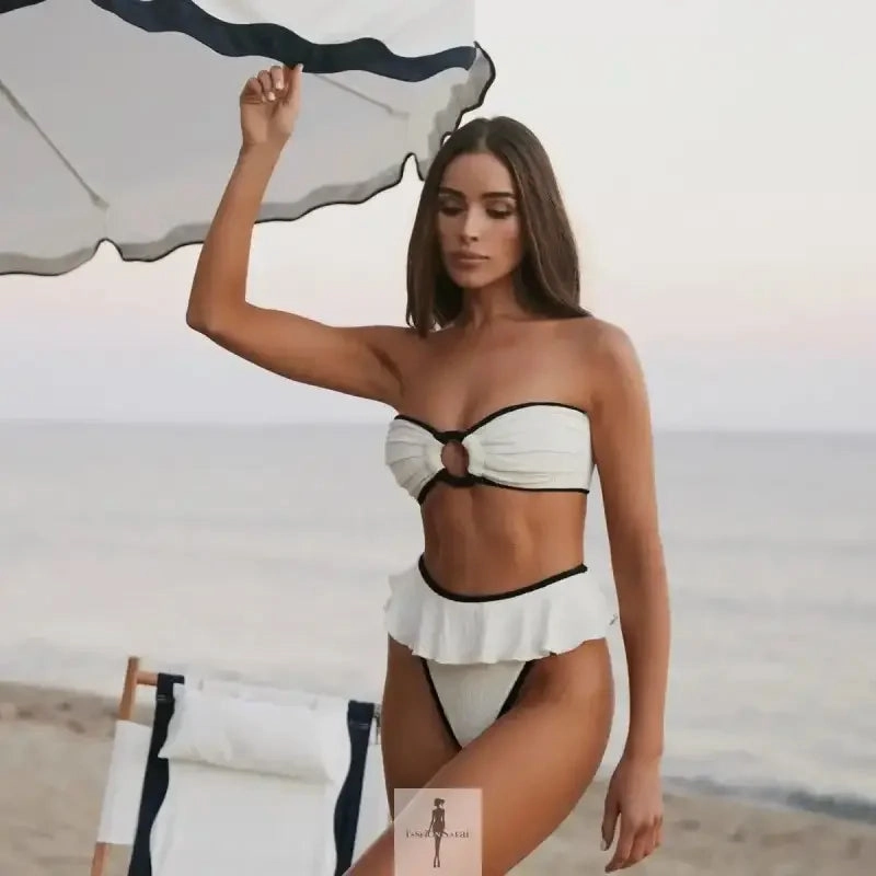 Moisture Wicking Inner Layer Strapless Top with High Waist Ruffle Bikini Set