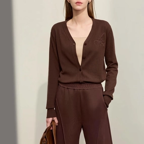 Autumn French V-Neck Embroidered Knit Cardigan PaddedInsulation