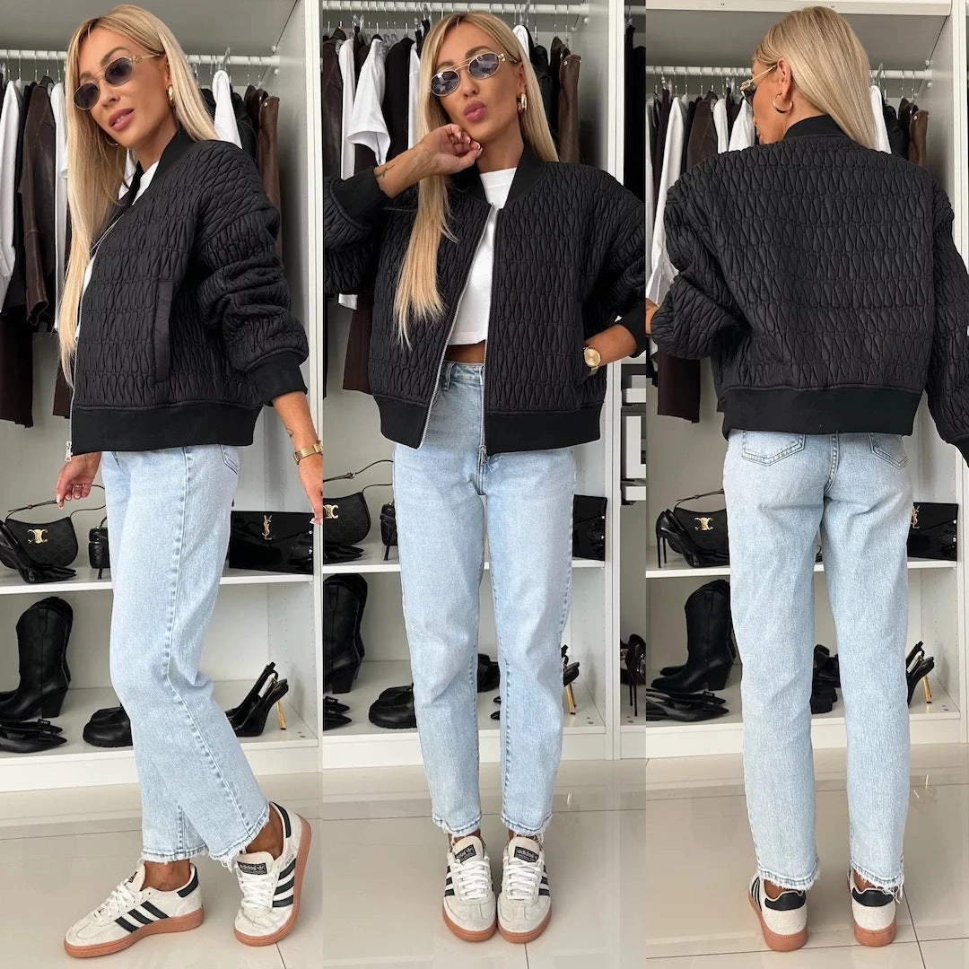 Solid Color Embroidery Short Zip Cotton Coat Jacket City Walking Style