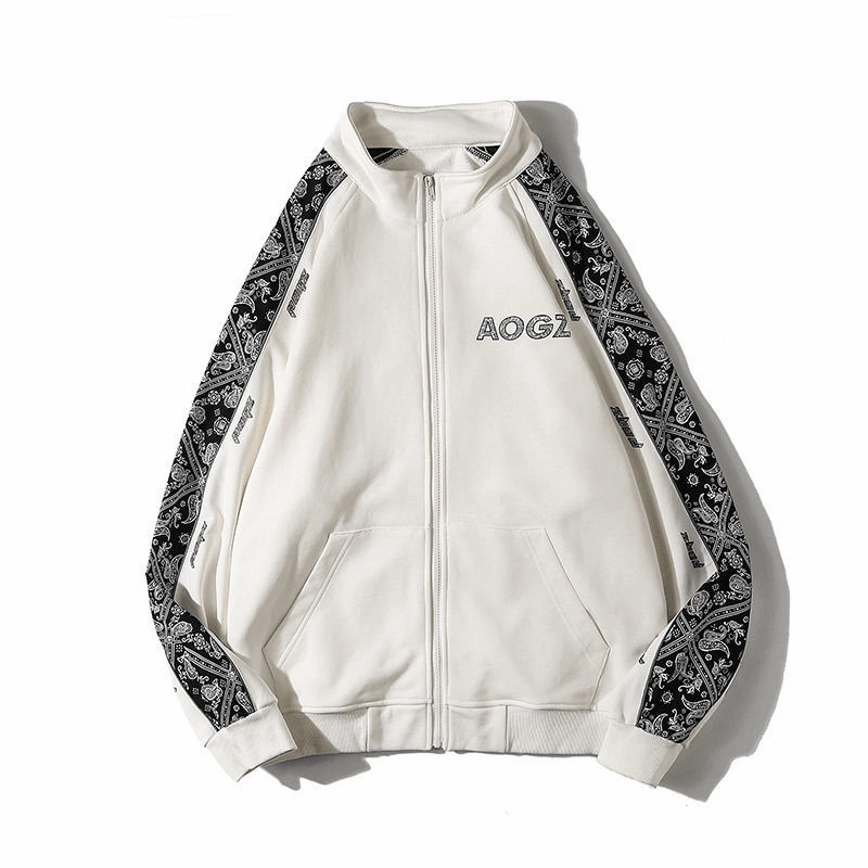 Cashew Flower Stand Collar Jacket Loose Trend Couple Coat Fitted Shape Casual Hoodie