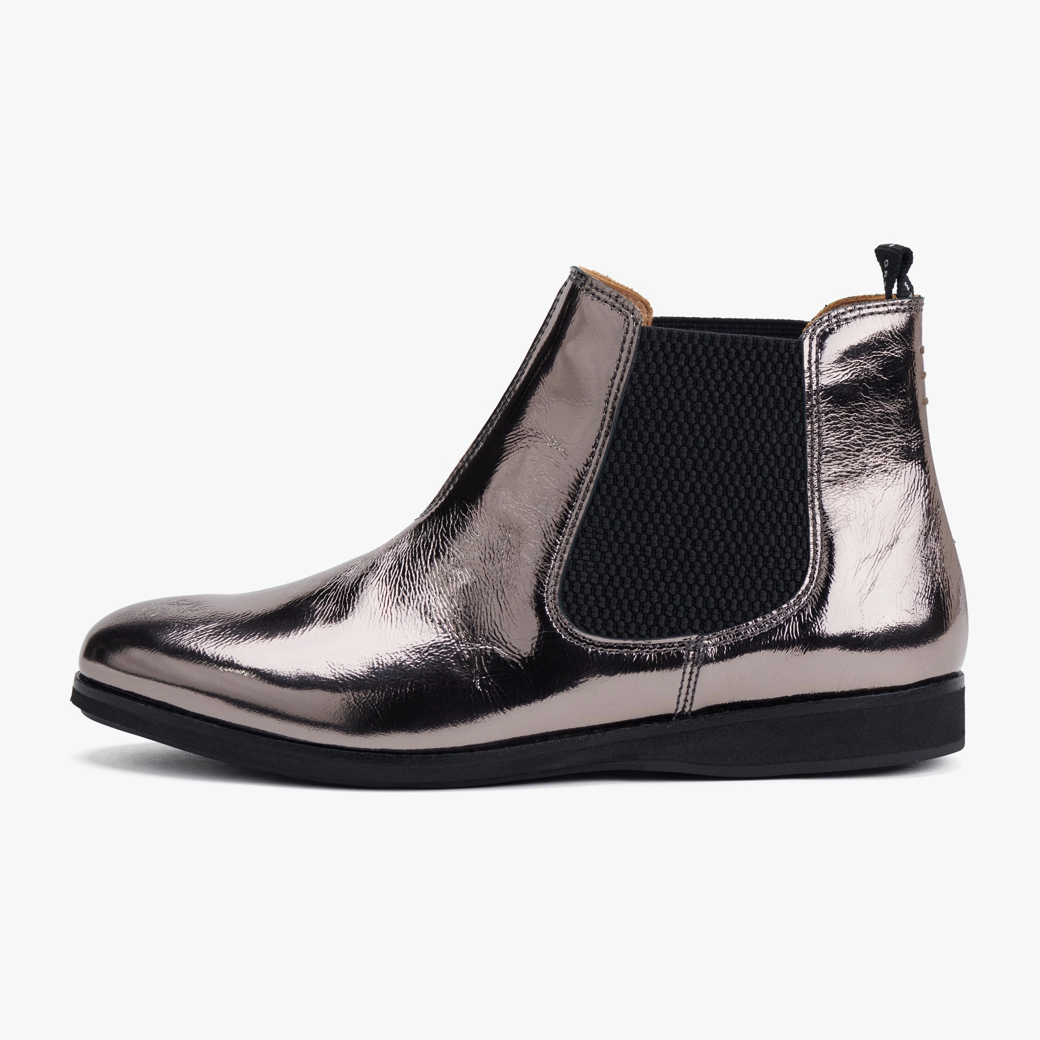 Evening Plans Stylish Look Chelsea Pewter Crinkle Patent/Black