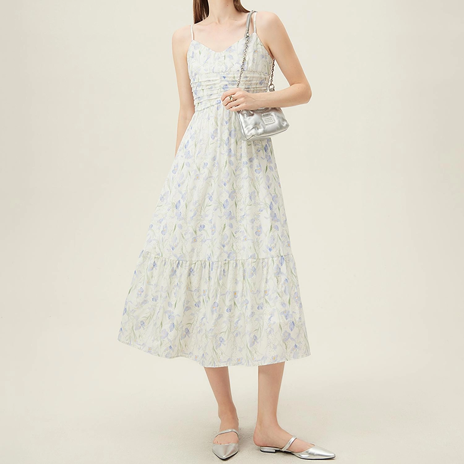 Summer Floral A-Line Midi Dress with Spaghetti Straps Seasonal Comfort Easy Fashion