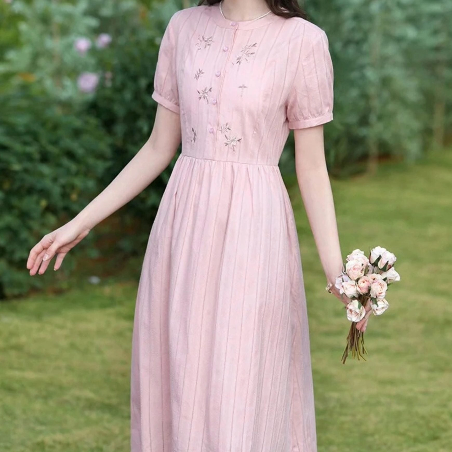 Vibrant dress for weekend outing Korean Vibe Summer Pink Embroidery Dress