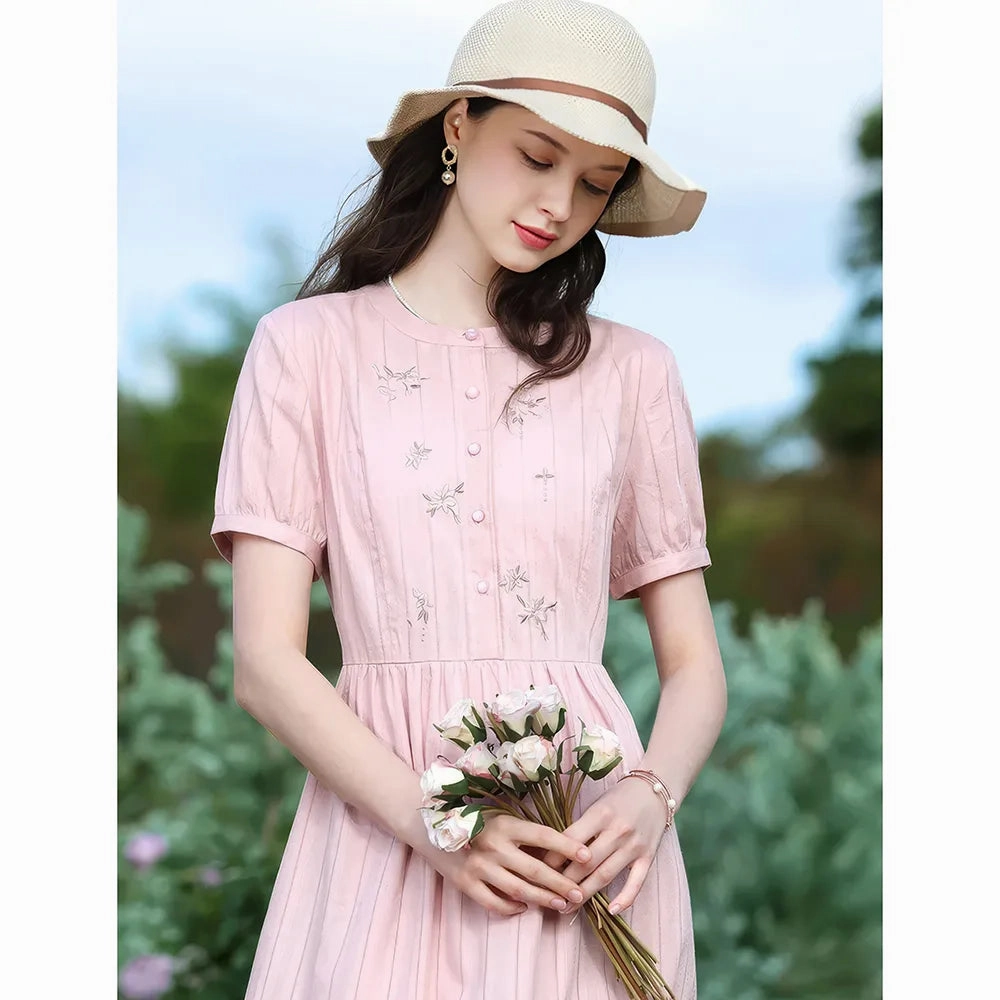 Platinum Shine Summer Pink Embroidery Dress