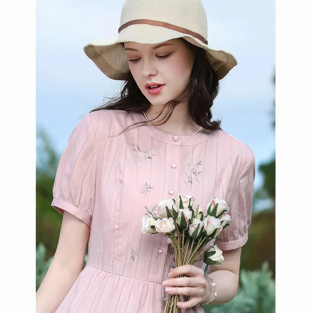 Soft-touch day dress Fashionable Fit Summer Pink Embroidery Dress