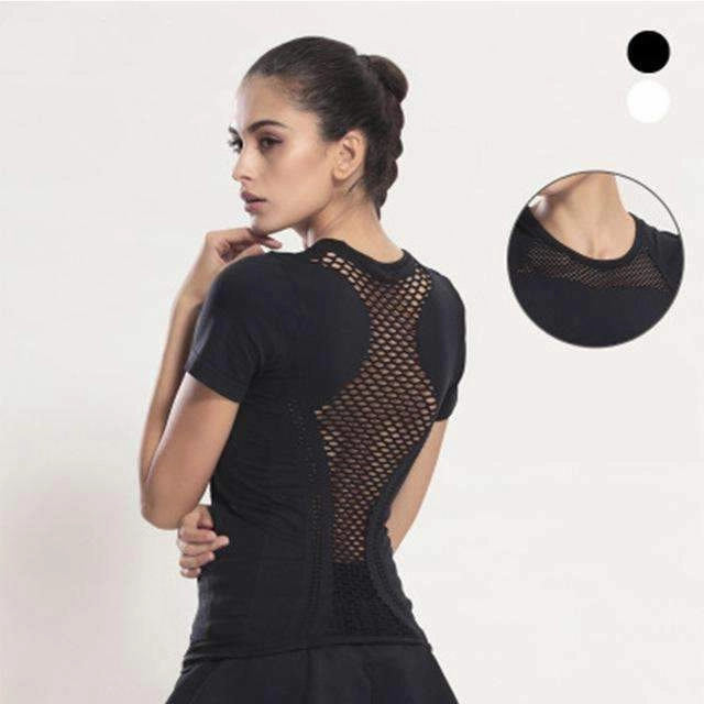 Summer Style Fitness Women Sports T-shirt Running Short Sleeve Quick Dry Breathable Gym Sexy Hollow Nylon Sportswear Tops runner