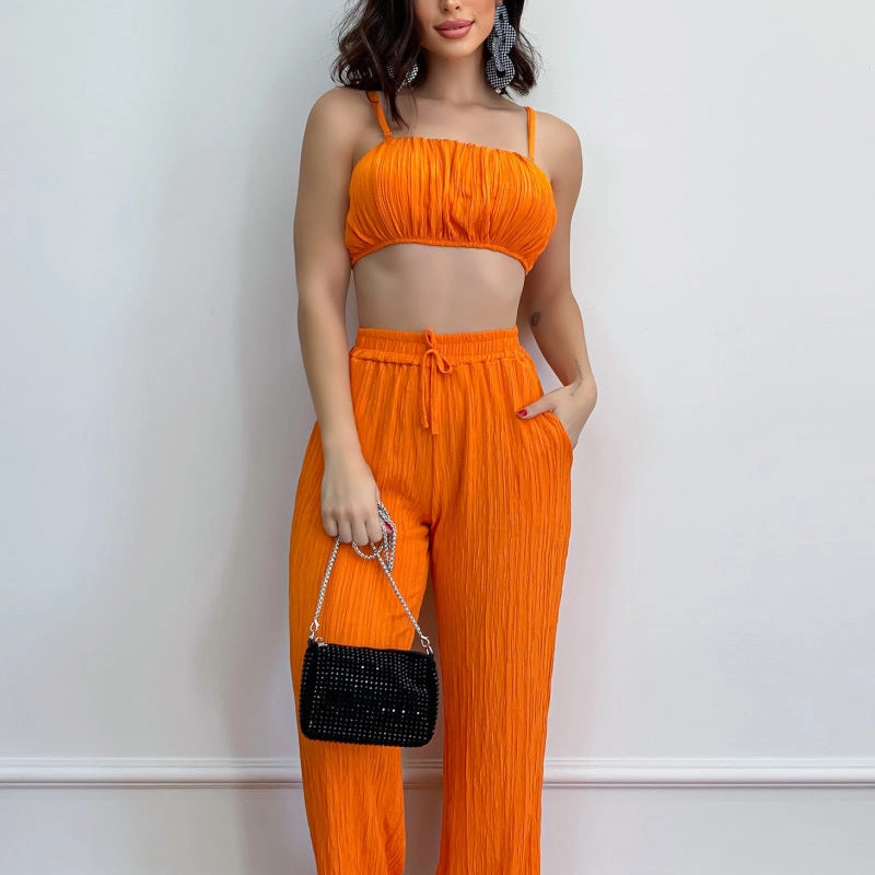 Summer Suit Solid Color Sleeveless Suspender Pleated Fabric Trousers Two-piece Set Relax Modern