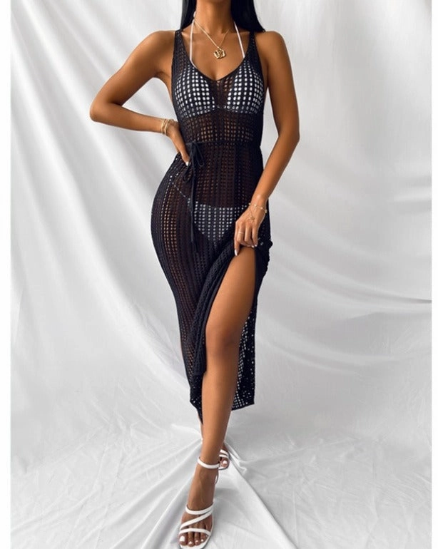 Sweater beach casual solid color knitted camisole knitted cover with a dress for women Weatherproof Zipper Closure Mid Length Cut