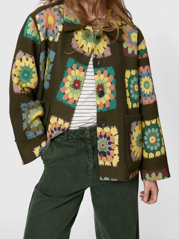 Airflow Ventilation System Lapel Long Sleeve Flower Print Green Jacket Coat
