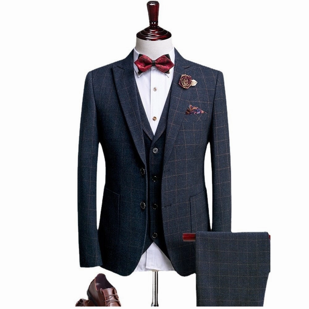 Modern Cut West Louis? Tailored Plaid Formal Business-Men 3-Piece Suit