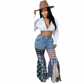 Women's Fashion Stitching Houndstooth Flared Denim Ruffled Trousers Everyday Loose Music Event