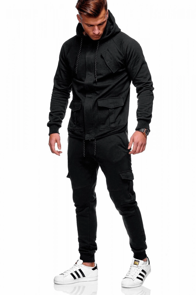 Ribbed Cuffs New Concealed Access Control Zipper Men'S Hooded Casual Sports Suit