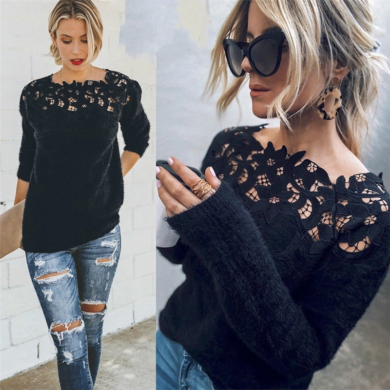 Fashion Forward Layer Seasonal Trend Women's Loose Knitted Pullover Jumper Sweater Top Lace Floral Collar
