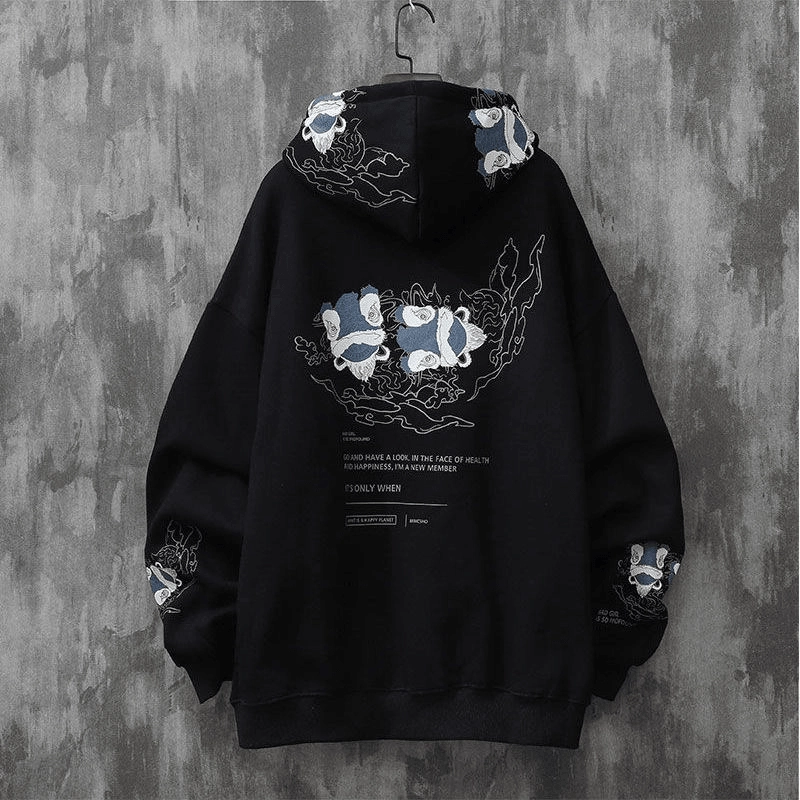market demand Short Sleeve Trendy Brand Chinese Style Lion Dance Print Hooded Sweater Men