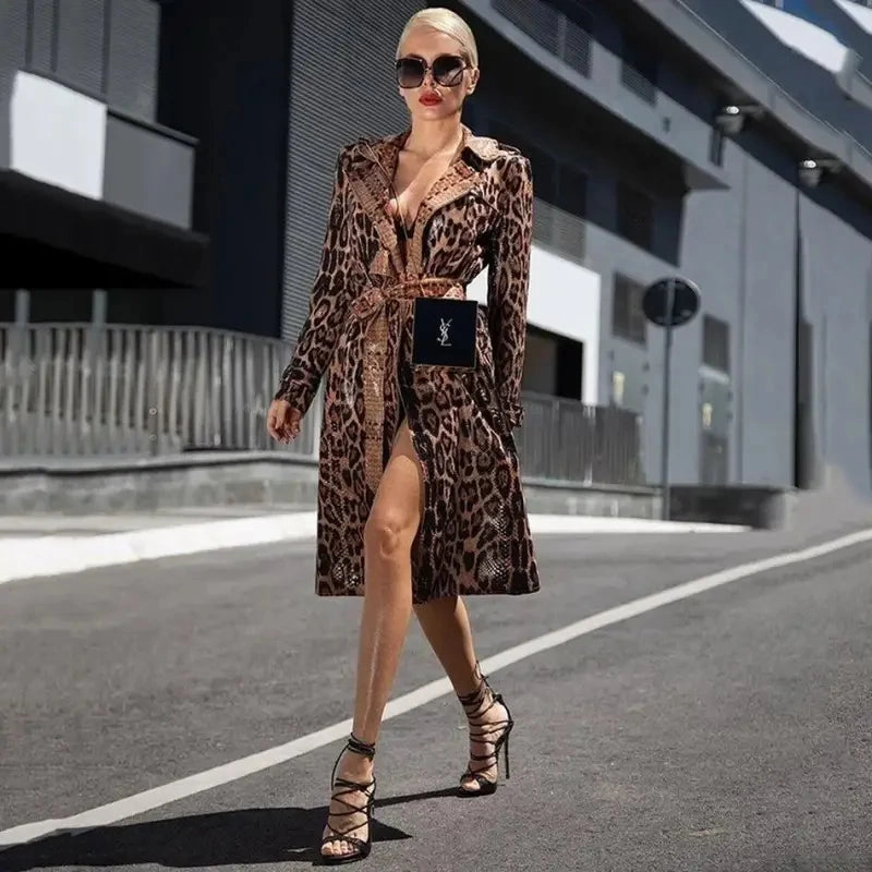 Leopard Mid-Calf Women Coat Weatherproof Construction Reinforced Collar Structure
