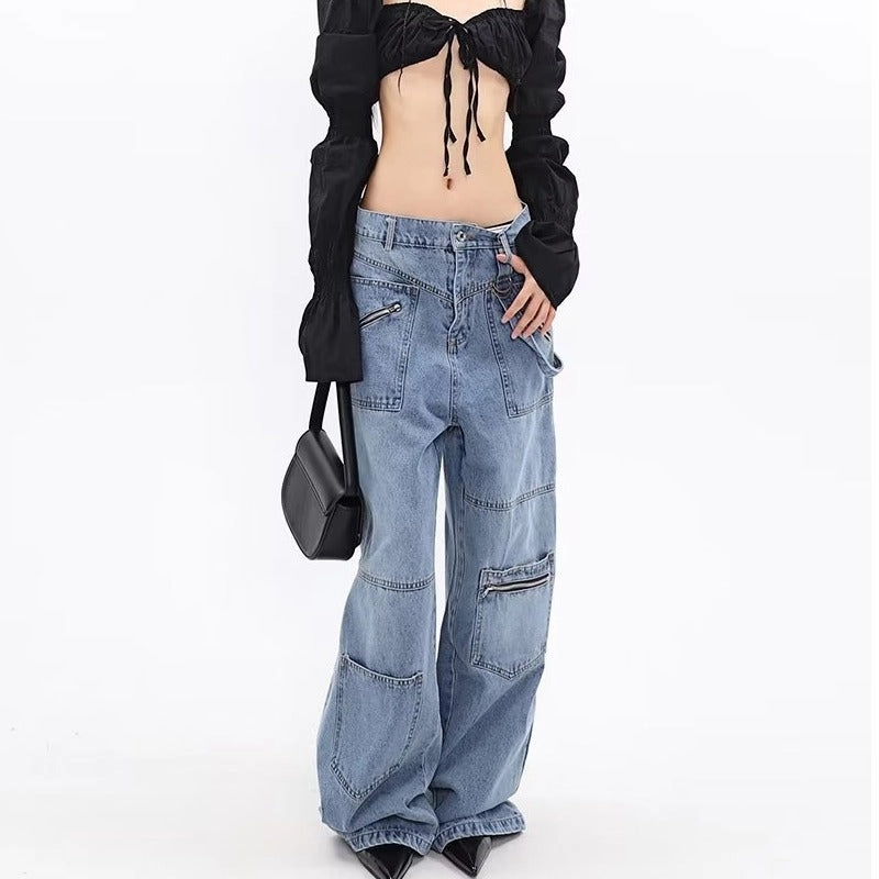 Zipper Multi-pocket Loose High Waist Wide Leg Straight Jeans All Fit Design