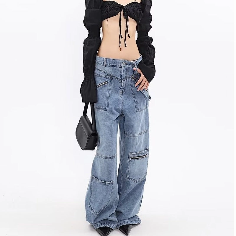 Morning Stroll Streetwear Fan Chic Design Zipper Multi-pocket Loose High Waist Wide Leg Straight Jeans