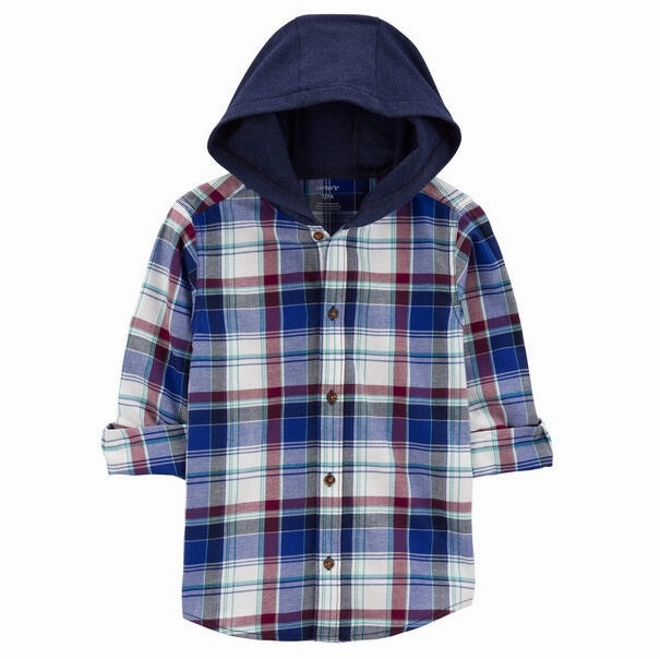 Boys' Plaid Button-Front Shirt with Hood 3R329510-981 EcoConscious Production
