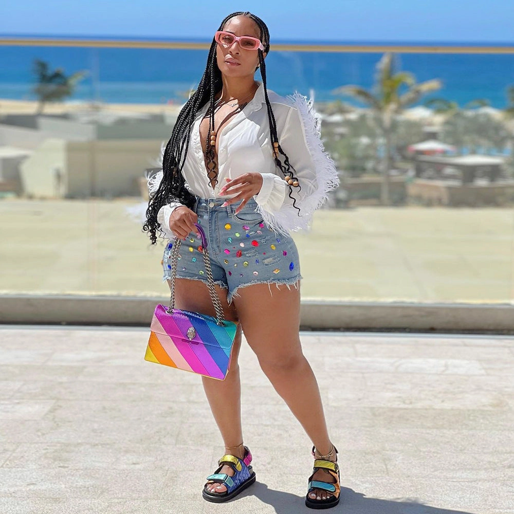 School Fit Women's Casual Colorful Crystals Tassel Brushed Denim Shorts