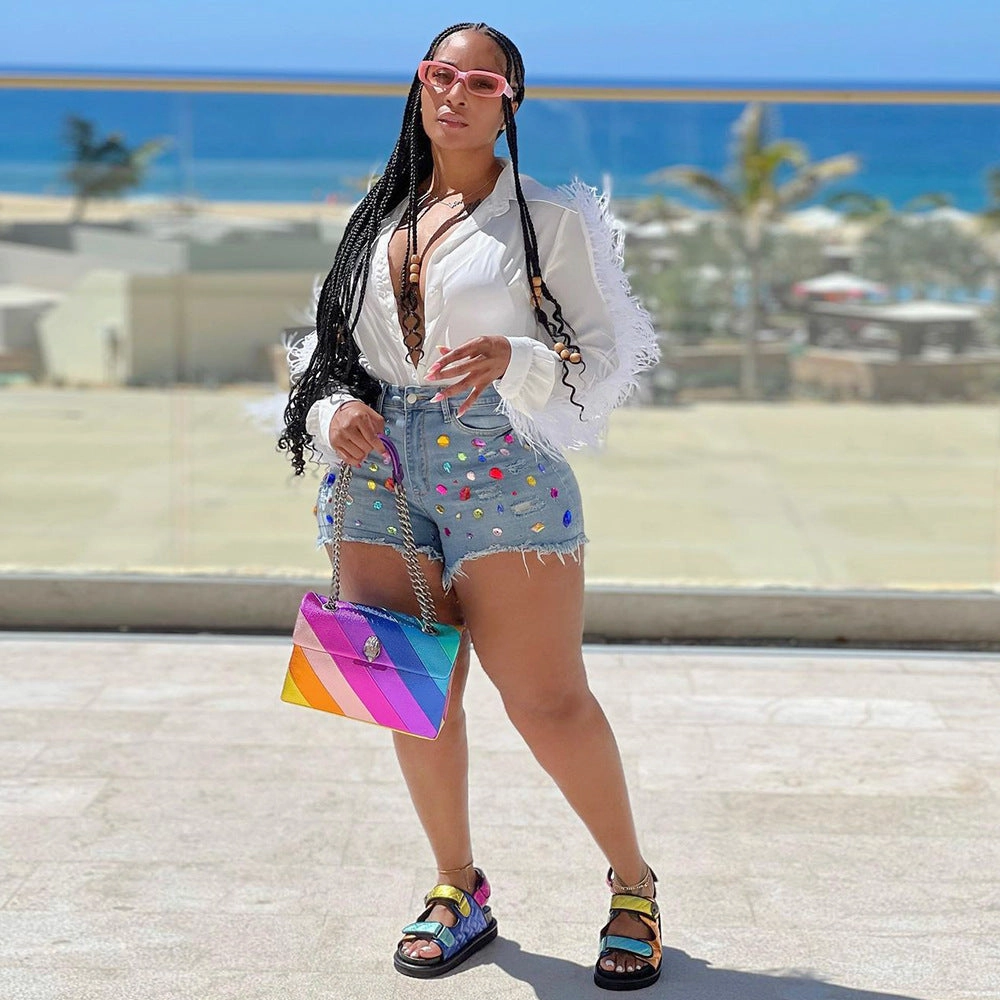 Women's Casual Colorful Crystals Tassel Brushed Denim Shorts Comfortable Style Fresh Attire