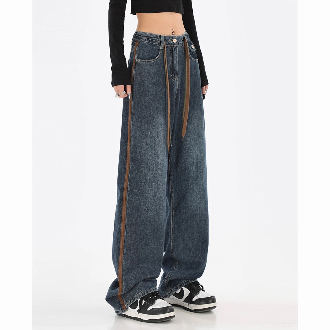 Loose Textured Travel Outfit Vintage Design Feeling High Waist Straight Tube Thin Loose Jeans