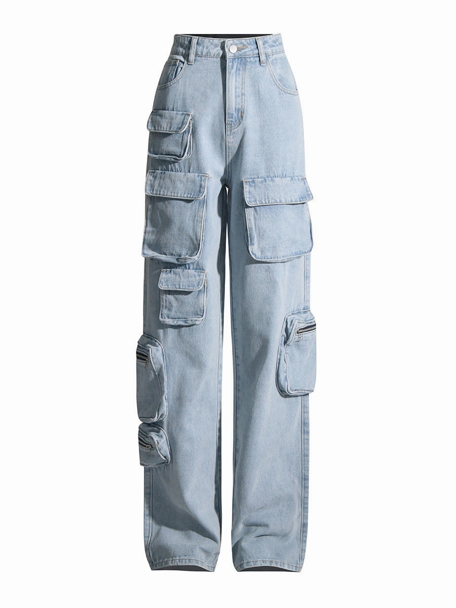 Casual Friday Classic Vintage Light Blue Washed High-waisted Tooling Jeans For Women