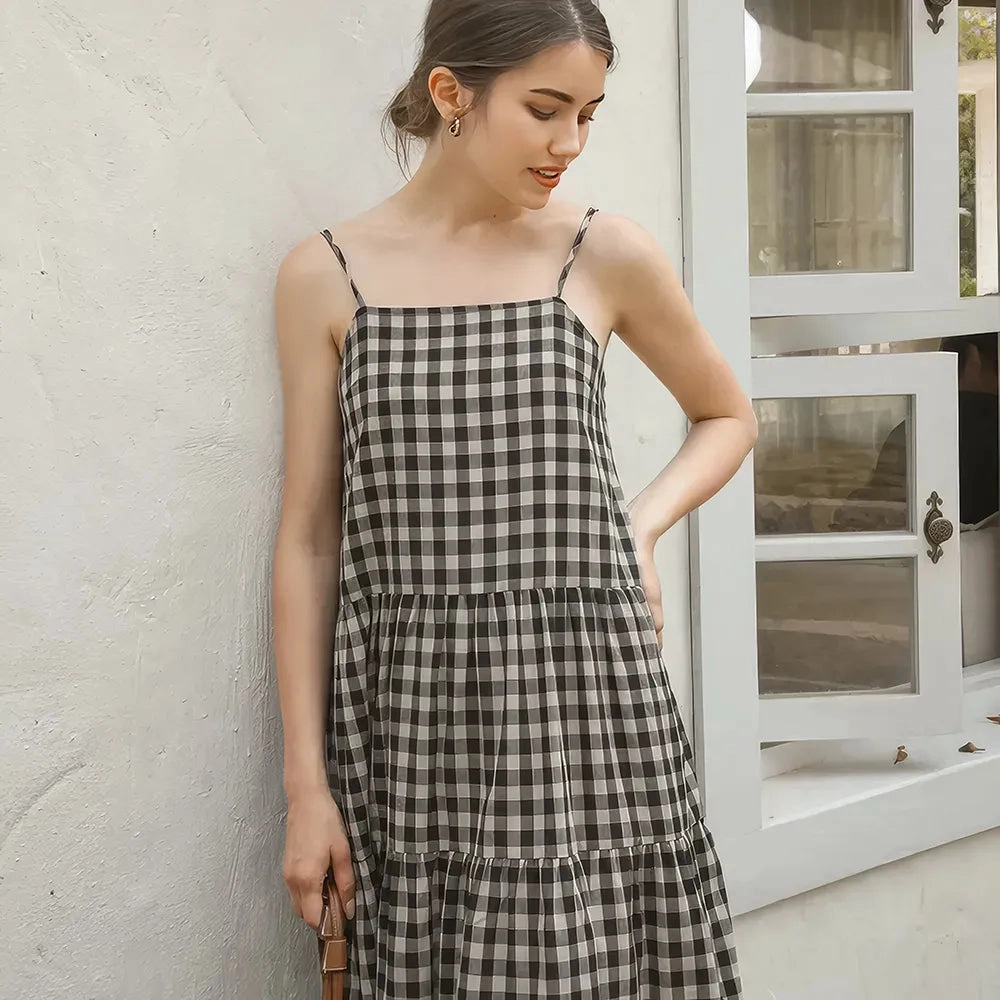 Vintage Plaid Cotton Linen Summer Dress Relaxed and stylish dress