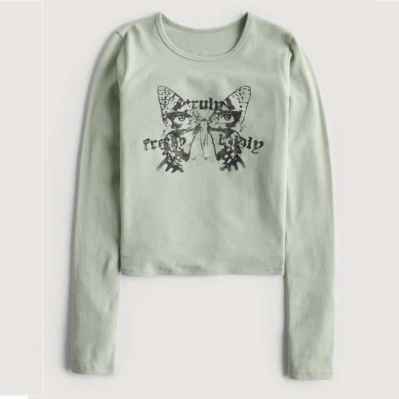 Vintage Printed Pea Green Bottom Long-sleeved T-shirt For Women shrink-resistant right for spring