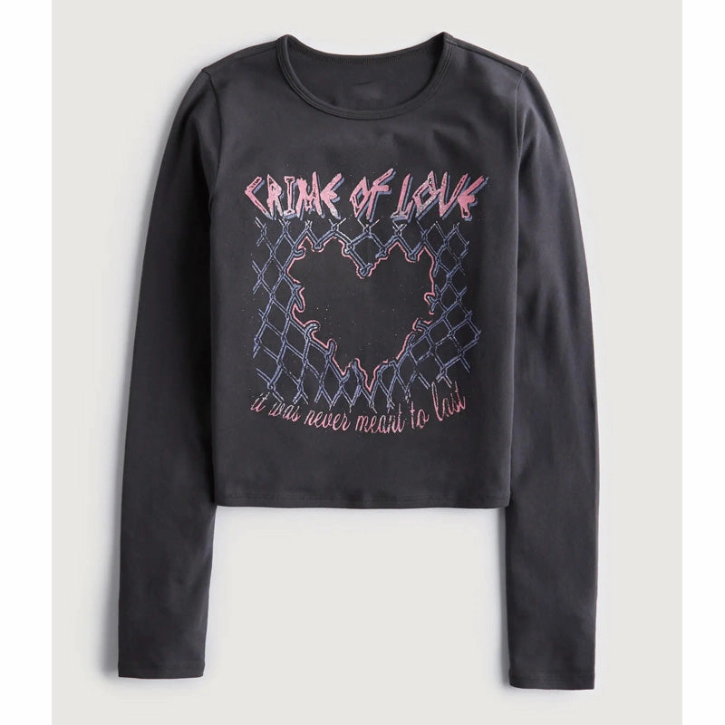 Vintage Printed Pea Green Bottom Long-sleeved T-shirt For Women Graphic Art Trendy Outerwear