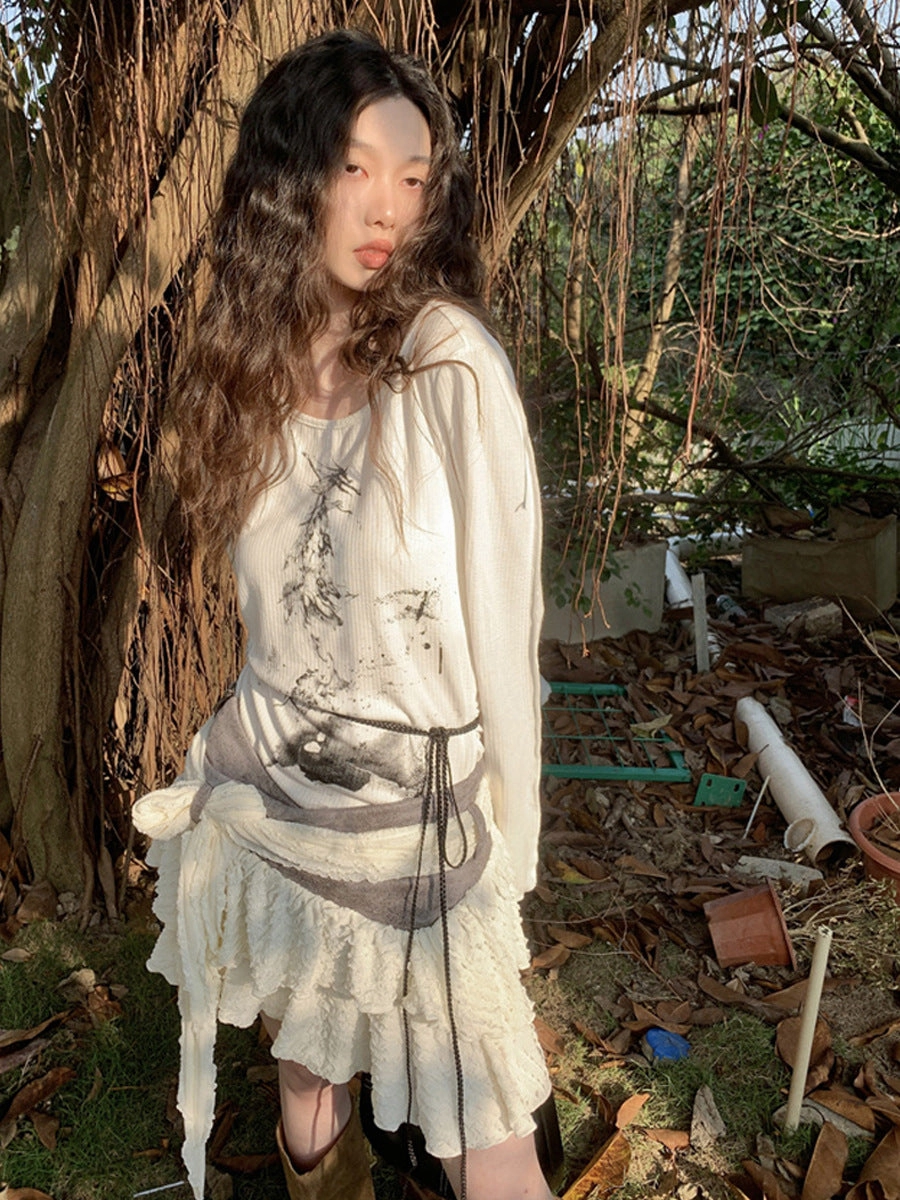 Printed Knitted T-shirt High Waist Short Irregular Skirt Two-piece Set Soft Vacation Relaxed Indoor