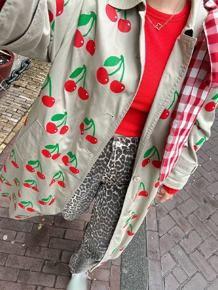 European And American New Elegant Khaki Fruit Printed Lapel Coat WaterResistantFabric