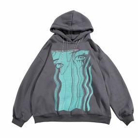 product beach style charm Retro Teary Geometric Print Hip Hop plus Fleece Hooded Sweatshirt